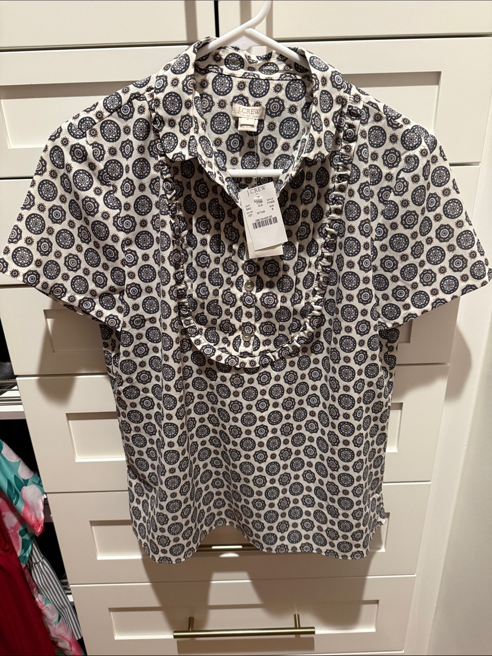 J. Crew White Short-Sleeve Polo with Navy Medallion Print NWT